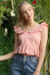 Cute Stylish Open Back Tie Ruffled Trim Flare Fashion Top Pink