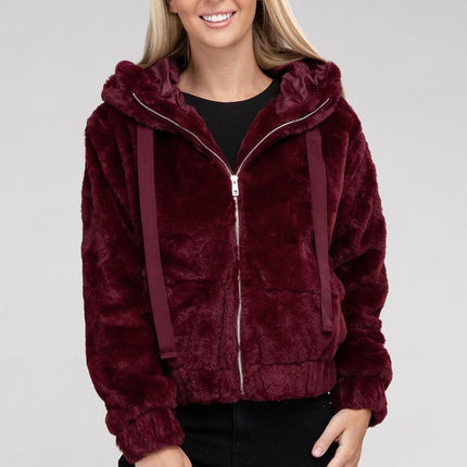 Plush Cropped Teddy Hoodie with Zip-Up Front and Drawstring Hood