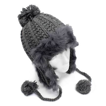 Rabbit Fur Trimmed Knit Trooper Style Pom Pom Hat - Accessoriesforever