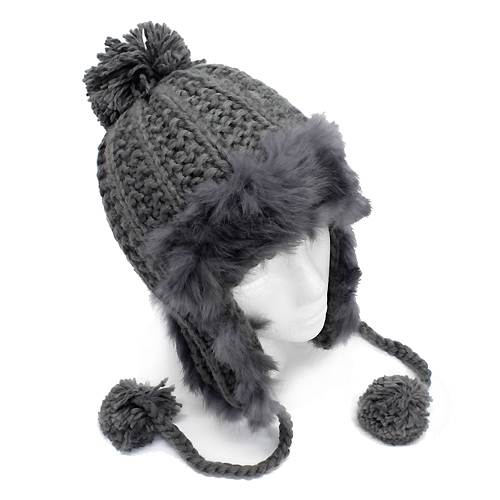 Rabbit Fur Trimmed Knit Trooper Style Pom Pom Hat