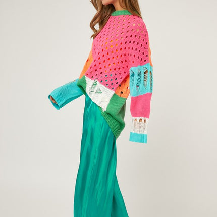 Colorful Open Knit Design Detailed Pullover Fashion Top Sweater