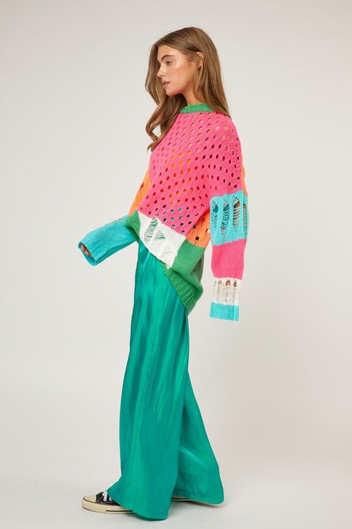 Colorful Open Knit Design Detailed Pullover Fashion Top Sweater - Accessoriesforever