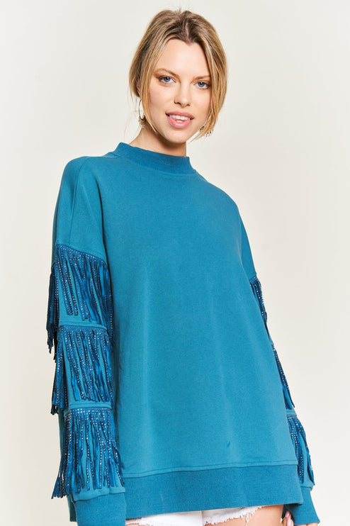 Western-Inspired Oversized Pullover with Suede Fringe and Stud Trim