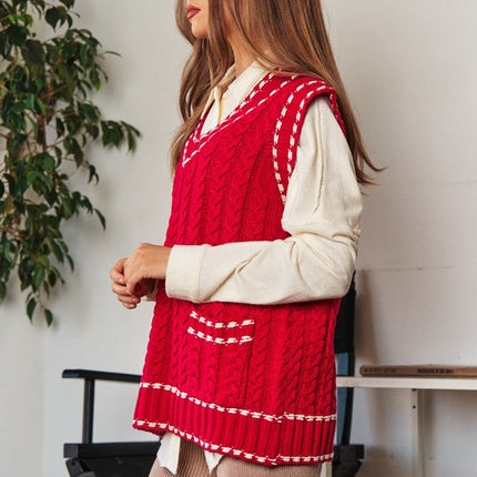 Fashion V-Neck Sleeveless Pocket Detail Design Knit Sweater Vest - Accessoriesforever