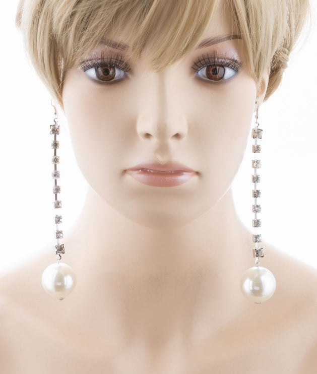 Bridal Wedding Jewelry Crystal Rhinestone Pearl Linear Drop Long Earrings Gold - Accessoriesforever