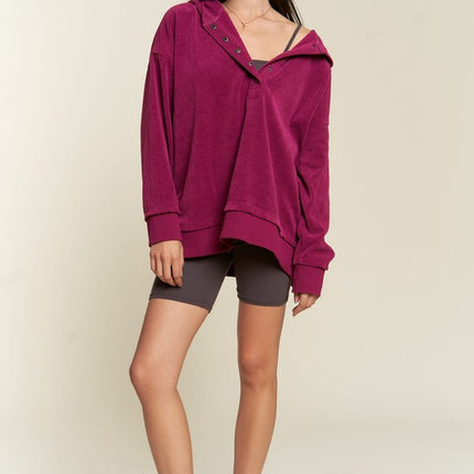 Ribbed Knit Hooded Sweatshirt with Button Detail