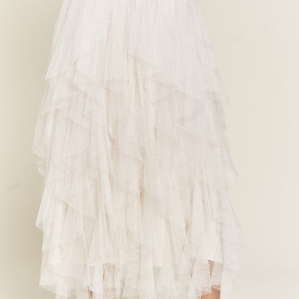 Elegant Layered Polka Dot Mesh A-Line Elastic Waist Midi Skirt