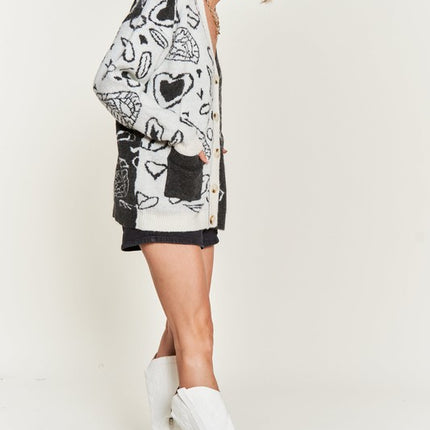 Oversized Heart Paisley Button-Down Sweater Cardigan with Color Block