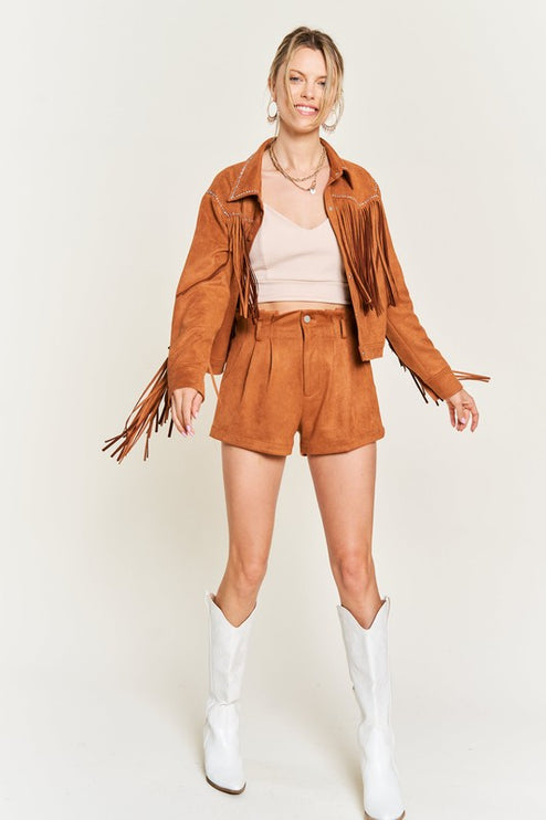 Boho Suede Fringe Jacket with Stud Details and Button Front