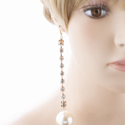 Bridal Wedding Jewelry Crystal Rhinestone Pearl Linear Drop Long Earrings Silver - Accessoriesforever