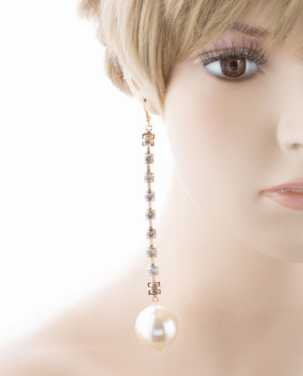 Bridal Wedding Jewelry Crystal Rhinestone Pearl Linear Drop Long Earrings Silver