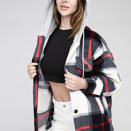 Comfy Casual Plaid Drawstring Hooded Fleece Shacket - Accessoriesforever