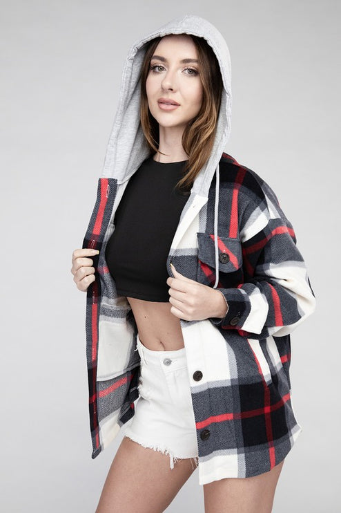 Comfy Casual Plaid Drawstring Hooded Fleece Shacket - Accessoriesforever