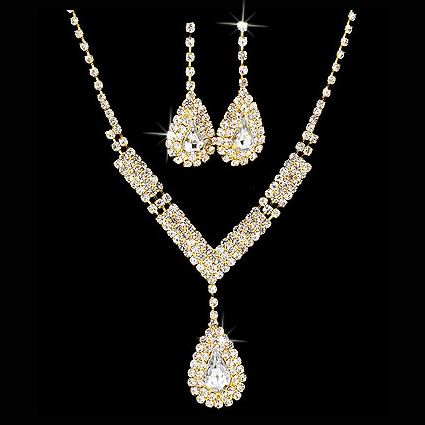 Bridal Wedding Jewelry Set Crystal Rhinestone V Teardrop Necklace Gold - Accessoriesforever