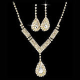 Bridal Wedding Jewelry Set Crystal Rhinestone V Teardrop Necklace Gold