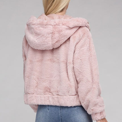 Plush Cropped Teddy Hoodie with Zip-Up Front and Drawstring Hood