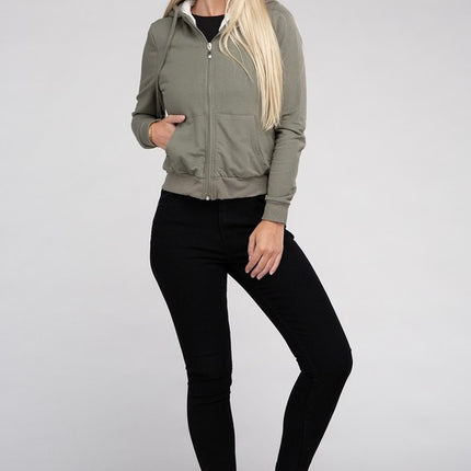Cropped Fuzzy-Lined Zip-Up Hoodie with Long Sleeves