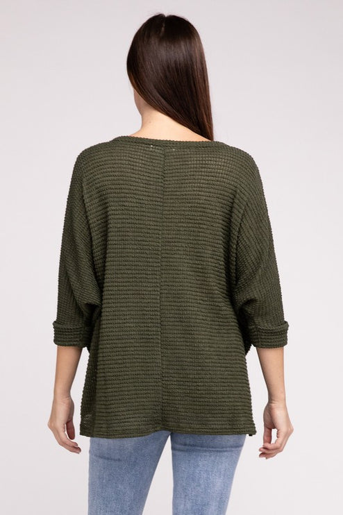 Chic Elegant Trendy 3/4 Sleeve V-Neck Hi-Low Hem Jacquard Sweater