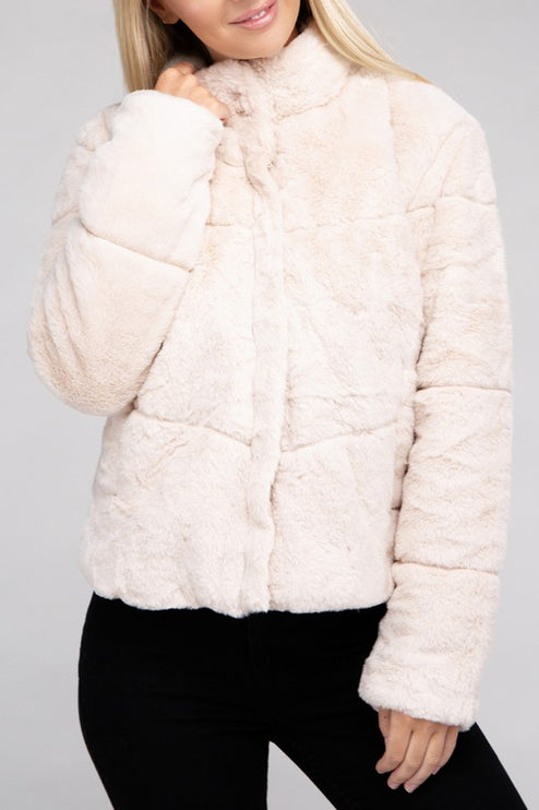 Fluffy Zip-Up Sweater Jacket with Collar and Pockets