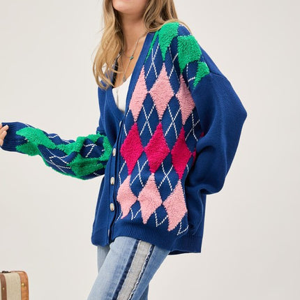 Cozy Argyle Pattern Design Button Front Loose Fit Knit Sweater Cardigan - Accessoriesforever
