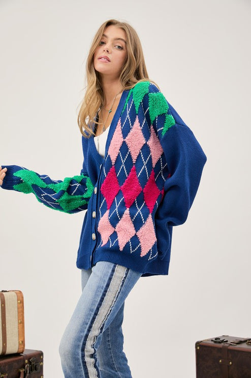 Cozy Argyle Pattern Design Button Front Loose Fit Knit Sweater Cardigan - Accessoriesforever