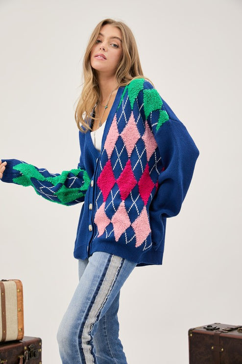 Cozy Argyle Pattern Design Button Front Loose Fit Knit Sweater Cardigan