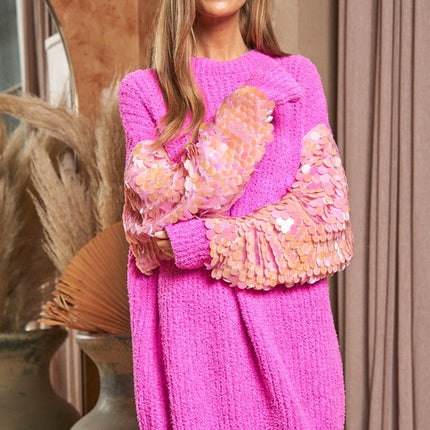 Beautiful Sequin Sleeve Design Tunic Top Knit Sweater - Accessoriesforever