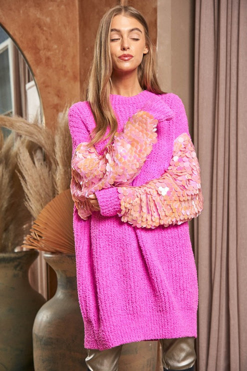 Beautiful Sequin Sleeve Design Tunic Top Knit Sweater - Accessoriesforever