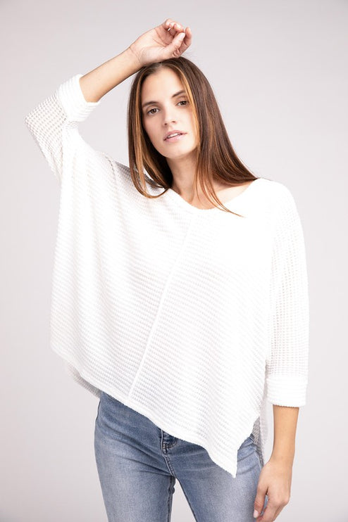 Chic Elegant Trendy 3/4 Sleeve V-Neck Hi-Low Hem Jacquard Sweater