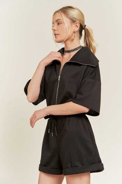 High Neck French Terry Zip Romper with Side Pockets