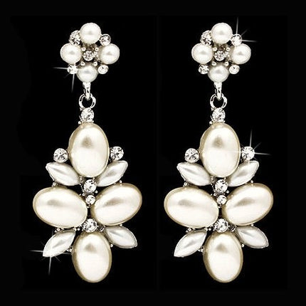 Bridal Wedding Jewelry Crystal Rhinestone Pearl Cluster Dangle Earrings Ivory