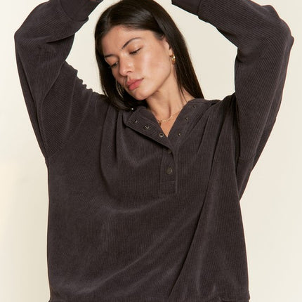 Ribbed Knit Hooded Sweatshirt with Button Detail