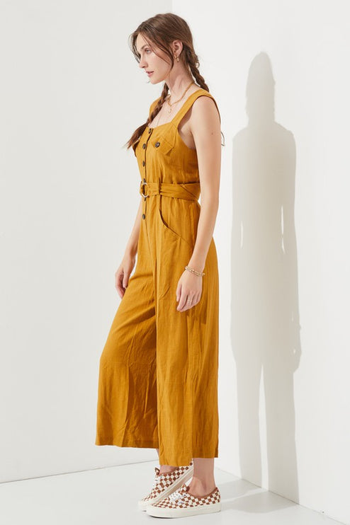 Linen Blend Jumpsuit with Belt and Multiple Pockets - Accessoriesforever