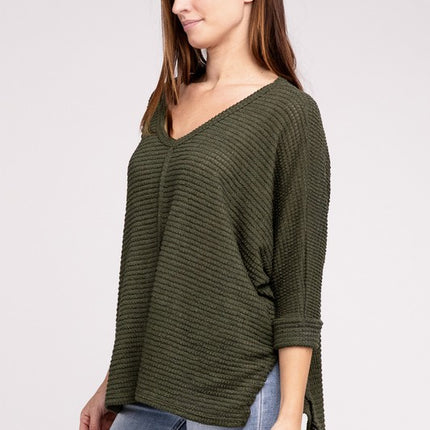 Chic Elegant Trendy 3/4 Sleeve V-Neck Hi-Low Hem Jacquard Sweater - Accessoriesforever