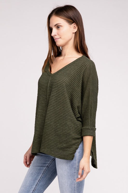 Chic Elegant Trendy 3/4 Sleeve V-Neck Hi-Low Hem Jacquard Sweater