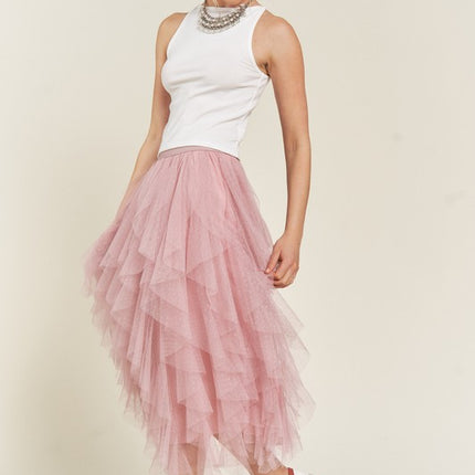 Elegant Layered Polka Dot Mesh A-Line Elastic Waist Midi Skirt