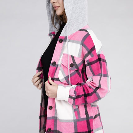 Comfy Casual Plaid Drawstring Hooded Fleece Shacket - Accessoriesforever