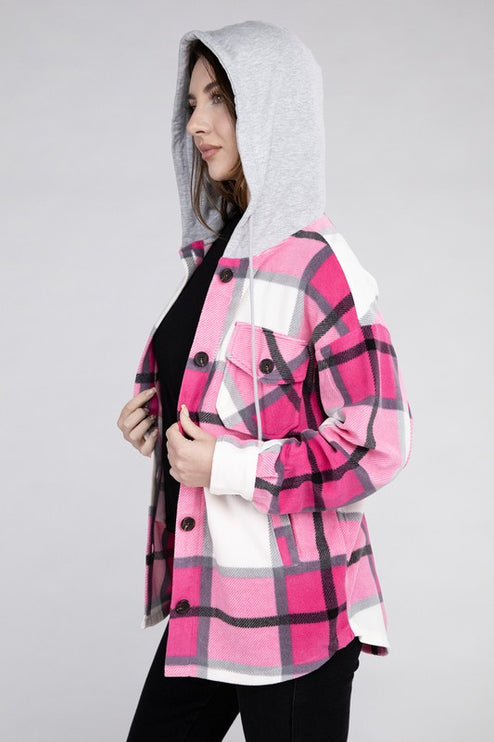 Comfy Casual Plaid Drawstring Hooded Fleece Shacket