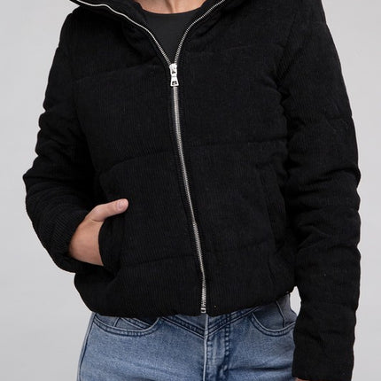 Soft Corduroy Zip-Up Jacket with High Collar and Pockets