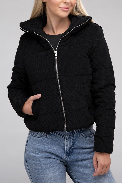 Soft Corduroy Zip-Up Jacket with High Collar and Pockets