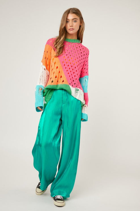 Colorful Open Knit Design Detailed Pullover Fashion Top Sweater - Accessoriesforever