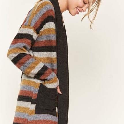 Cozy Striped Open Front Sweater Cardigan with Pockets