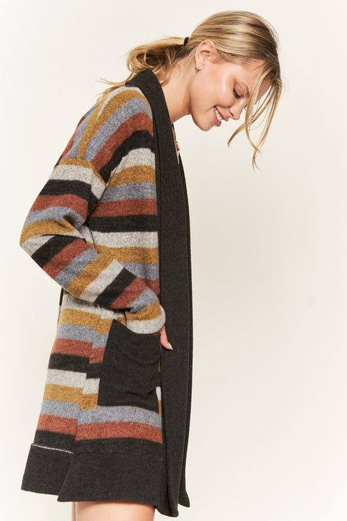 Cozy Striped Open Front Sweater Cardigan with Pockets