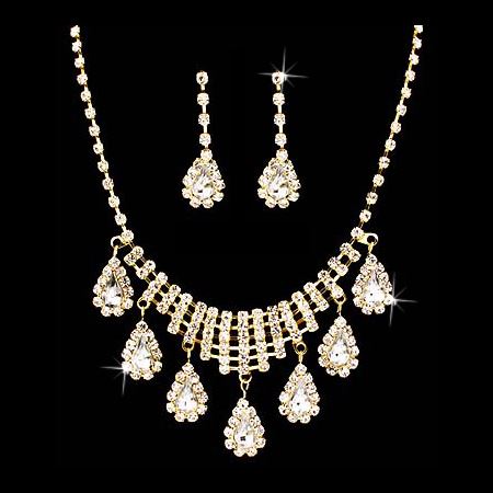 Bridal Wedding Jewelry Set Crystal Rhinestone Dangle Teardrop Necklace Gold J261
