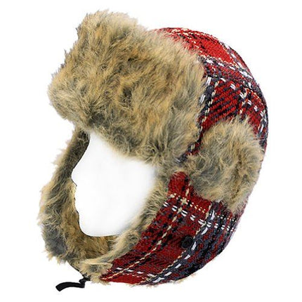Plaid Design Faux Fur Trooper Aviator Trapper Cold Weather Winter Ski Cap Hat