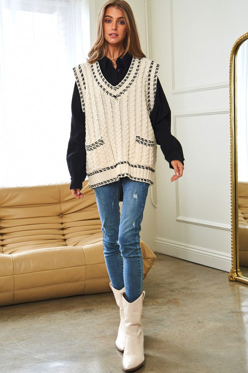 Fashion V-Neck Sleeveless Pocket Detail Design Knit Sweater Vest