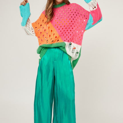 Colorful Open Knit Design Detailed Pullover Fashion Top Sweater