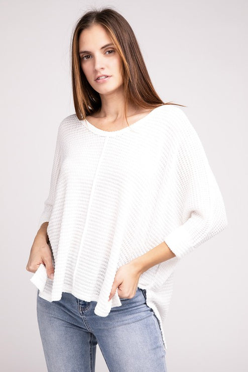 Chic Elegant Trendy 3/4 Sleeve V-Neck Hi-Low Hem Jacquard Sweater