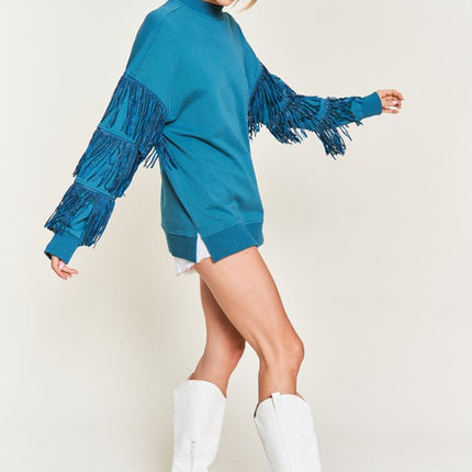 Western-Inspired Oversized Pullover with Suede Fringe and Stud Trim