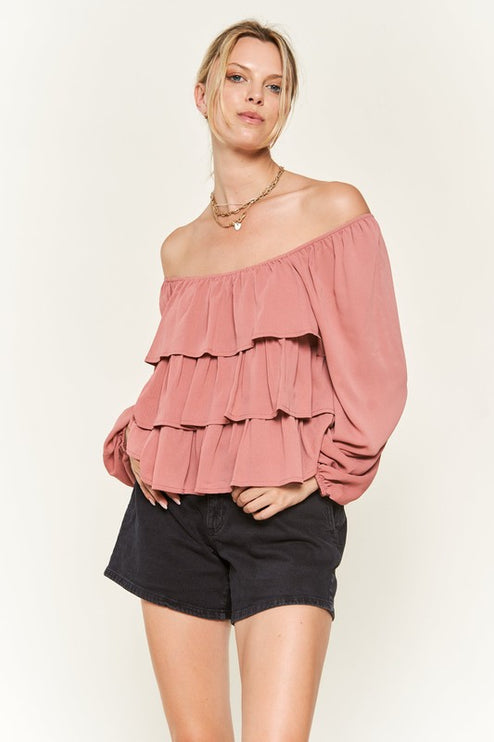Romantic Off-Shoulder Tiered Flounce Blouse in Crinkled Chiffon - Accessoriesforever